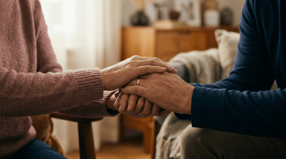 Two adult hands holding each other gently, conveying support and reassurance