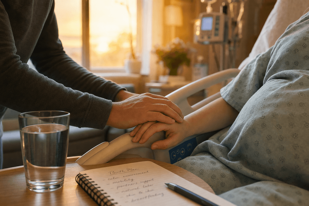 A partner's hand gently resting over a laboring mother's hand in a sunlit hospital room, beside a glass of water and an open birth-plan notebook, evoking support and being heard.