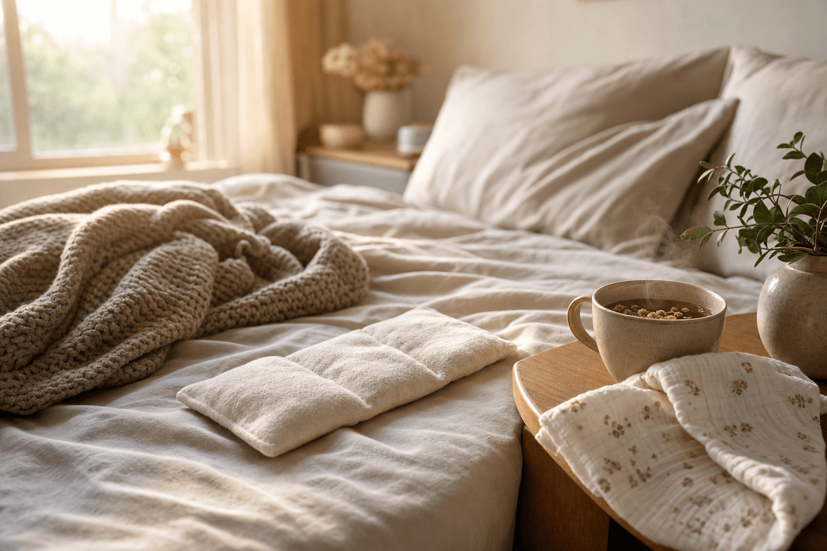 A warm fabric compress and a folded knit blanket on a softly rumpled bed beside herbal tea and a swaddle cloth, bathed in gentle morning light, evoking quiet postpartum rest.
