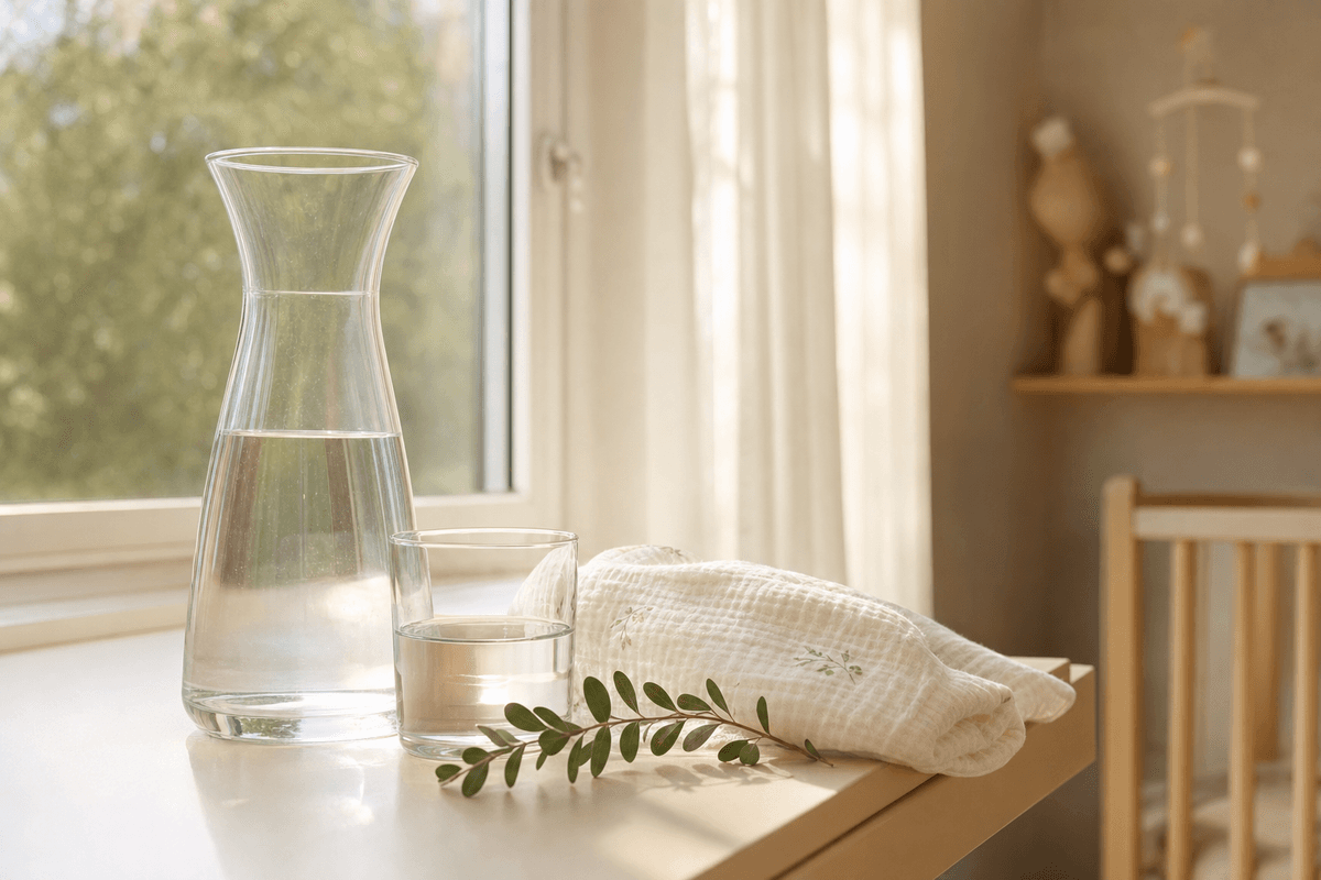 A clear glass carafe and glass of water beside a soft folded swaddle and a sprig of greenery on a sunlit nursery windowsill, evoking calm, monitored balance.