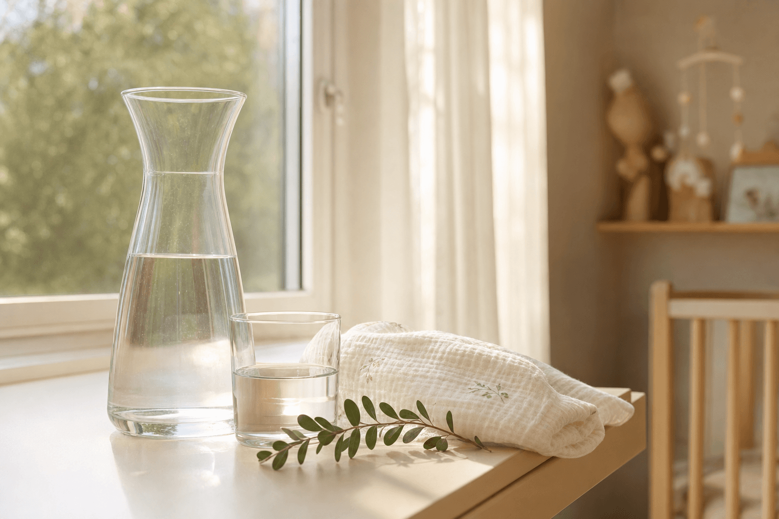 A clear glass carafe and glass of water beside a soft folded swaddle and a sprig of greenery on a sunlit nursery windowsill, evoking calm, monitored balance.