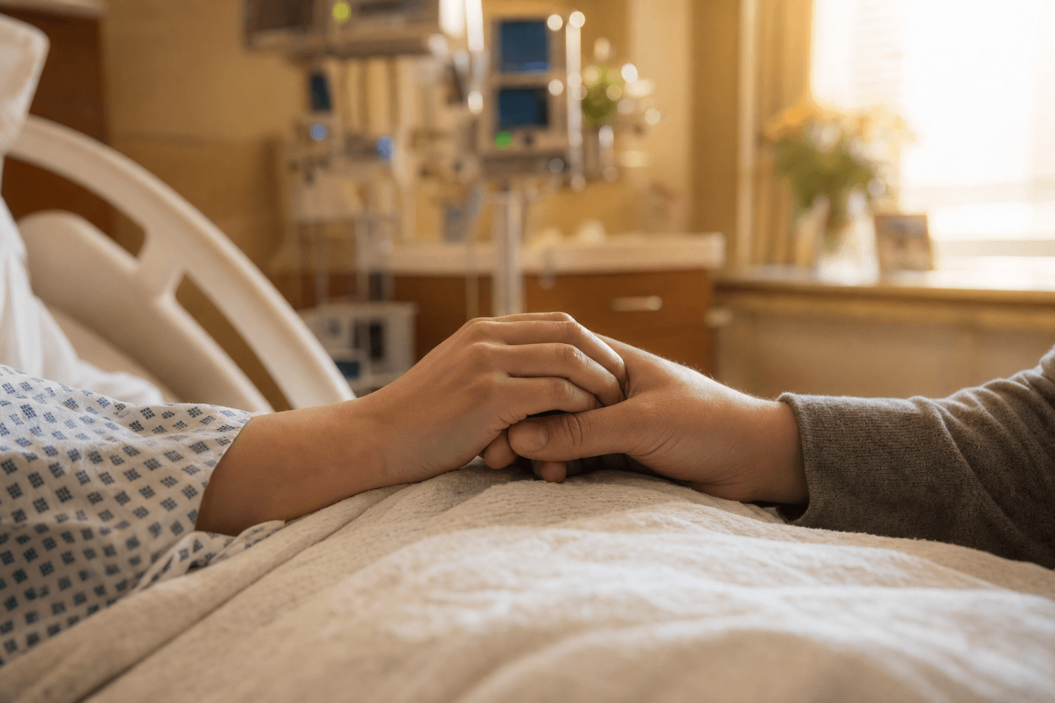 Two hands gently clasped on a soft hospital blanket in warm golden light, a partner's reassuring hold beside a calm birthing-room bed with monitors blurred behind.