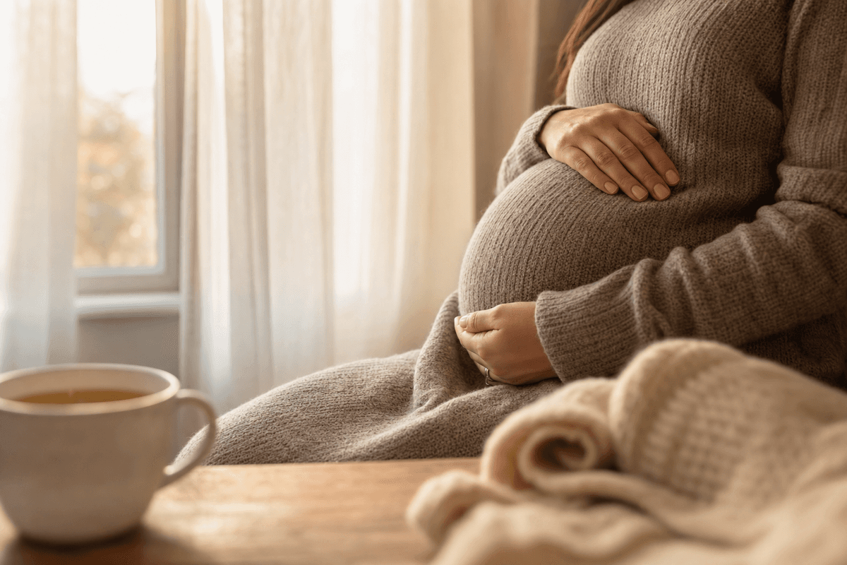 An expectant mother's hands gently cradling her pregnant belly over a cozy knit sweater, seated by a sunlit window with a warm cup of tea and a soft folded blanket nearby
