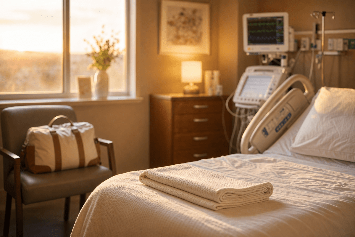 A calm hospital labor and delivery room bathed in warm golden sunrise light, with a folded blanket on the bed, an overnight bag on a chair, and monitoring equipment softly out of focus