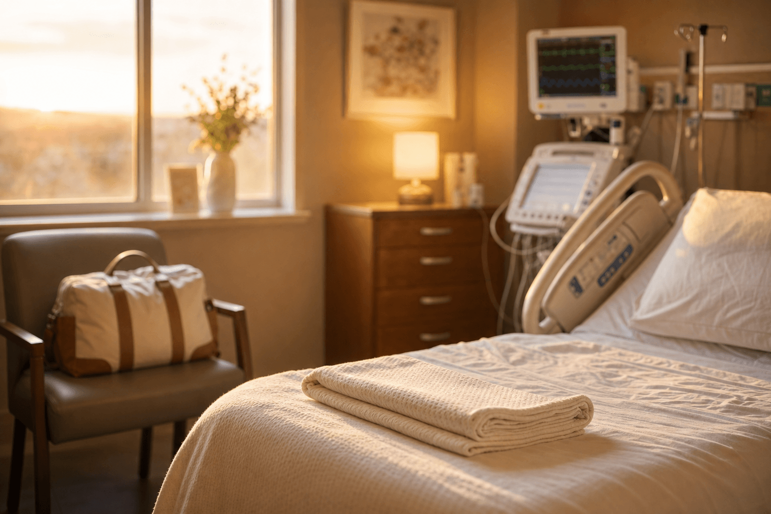A calm hospital labor and delivery room bathed in warm golden sunrise light, with a folded blanket on the bed, an overnight bag on a chair, and monitoring equipment softly out of focus