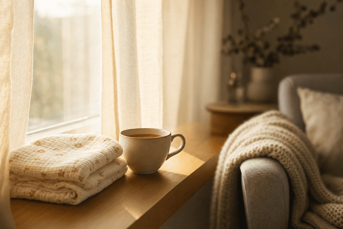 A warm cup of tea resting on a sunlit windowsill beside a softly folded baby blanket, with morning light filtering through sheer curtains in a calm, reflective home corner.