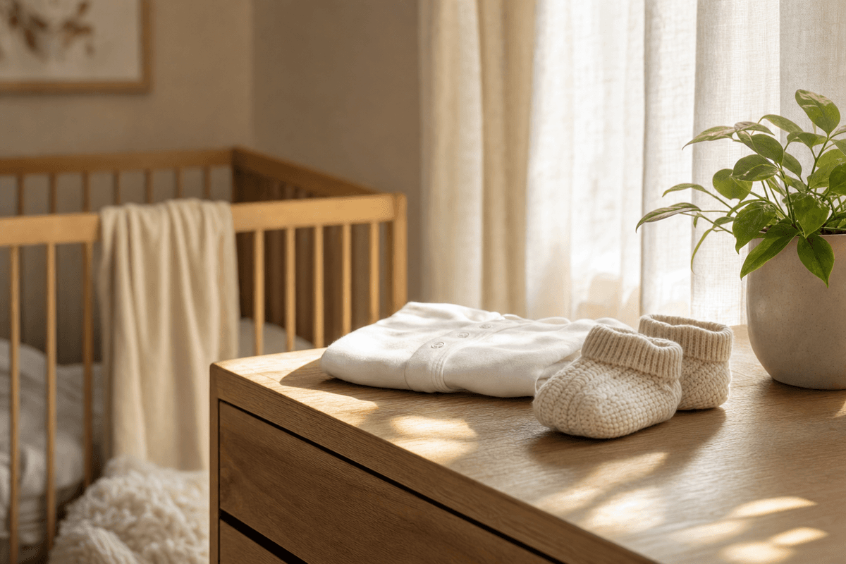 A tiny folded white onesie and knit booties on a sunlit wooden dresser beside a leafy plant, with a softly blurred crib nearby, evoking quiet late-pregnancy anticipation.