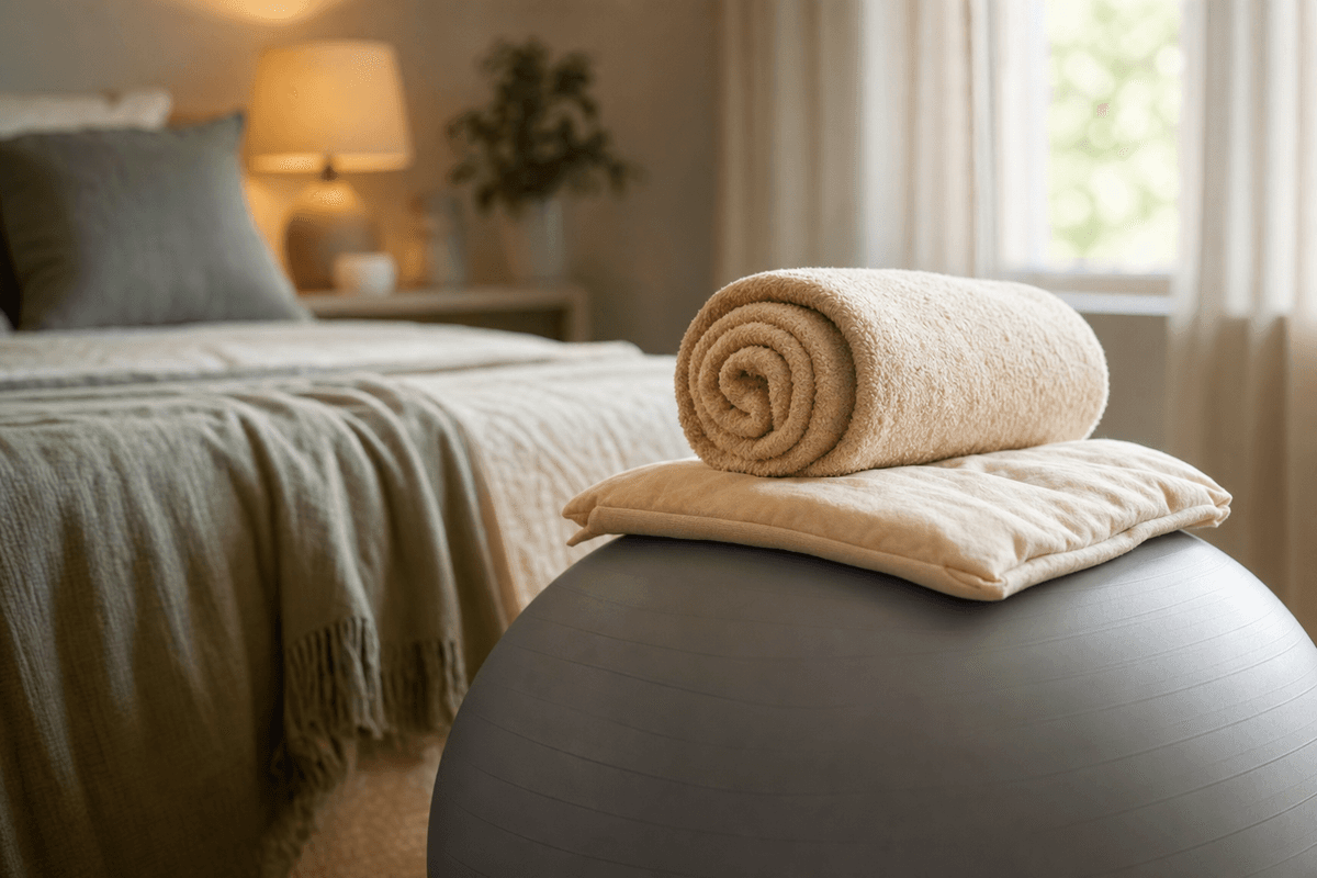 A soft rolled towel and a folded warm compress resting on a birthing ball beside a neatly made bed in gentle morning light, evoking quiet comfort for lower-back relief.