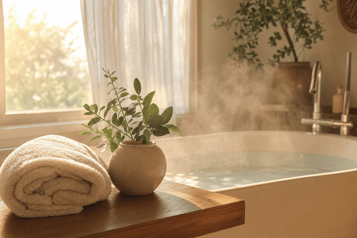 A freshly drawn warm bath with soft rising steam, a rolled plush towel, and a small vase of greenery on the wooden tub edge in golden morning light.