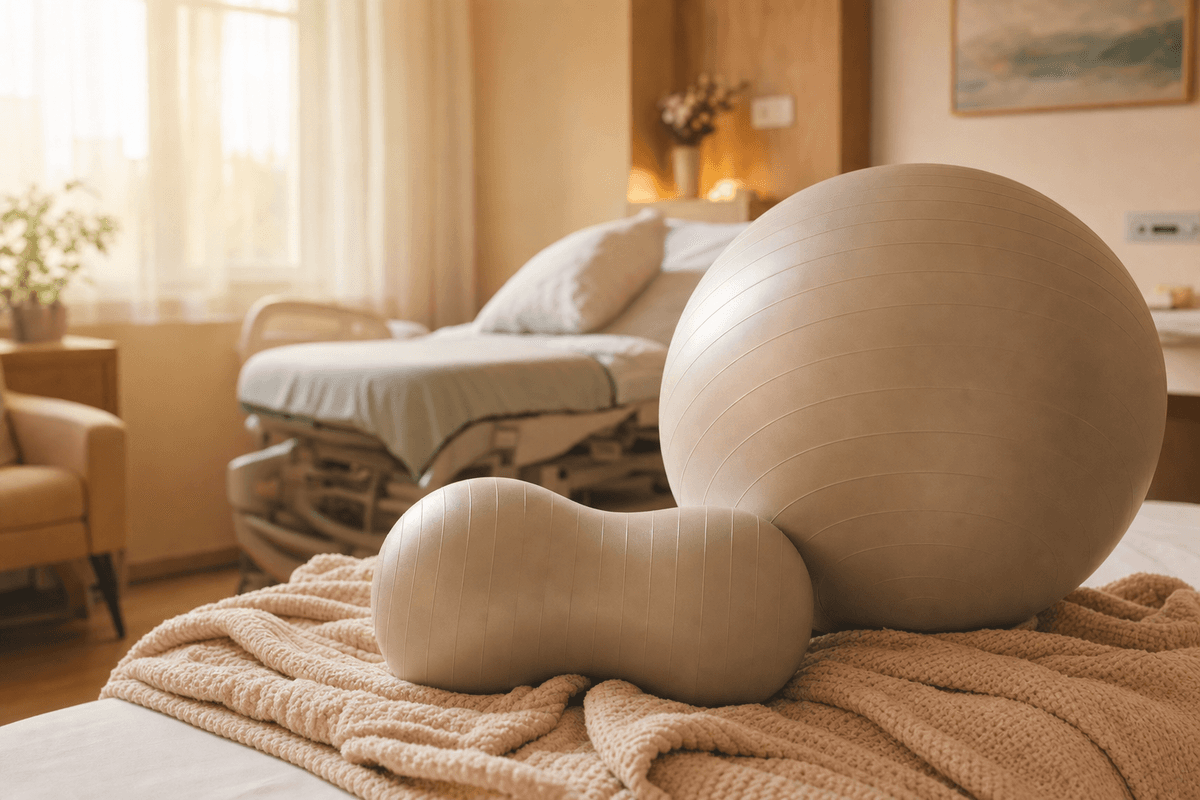 A large round birth ball and a smaller peanut-shaped labor ball resting on a soft knit blanket in a warm, sunlit birthing room, with a hospital bed softly blurred behind
