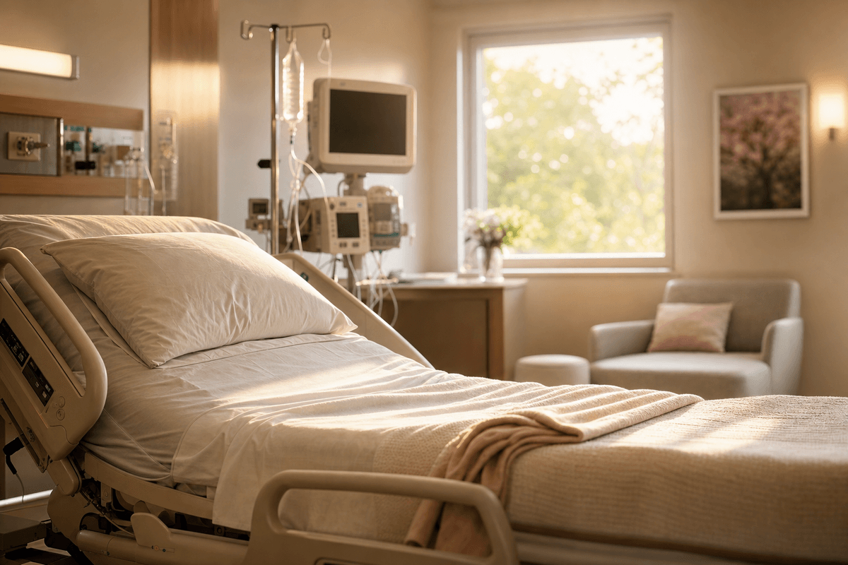 A softly made hospital labor room bed with a warm peach blanket in golden afternoon light, monitoring equipment gently blurred near a sunlit window, evoking calm and care