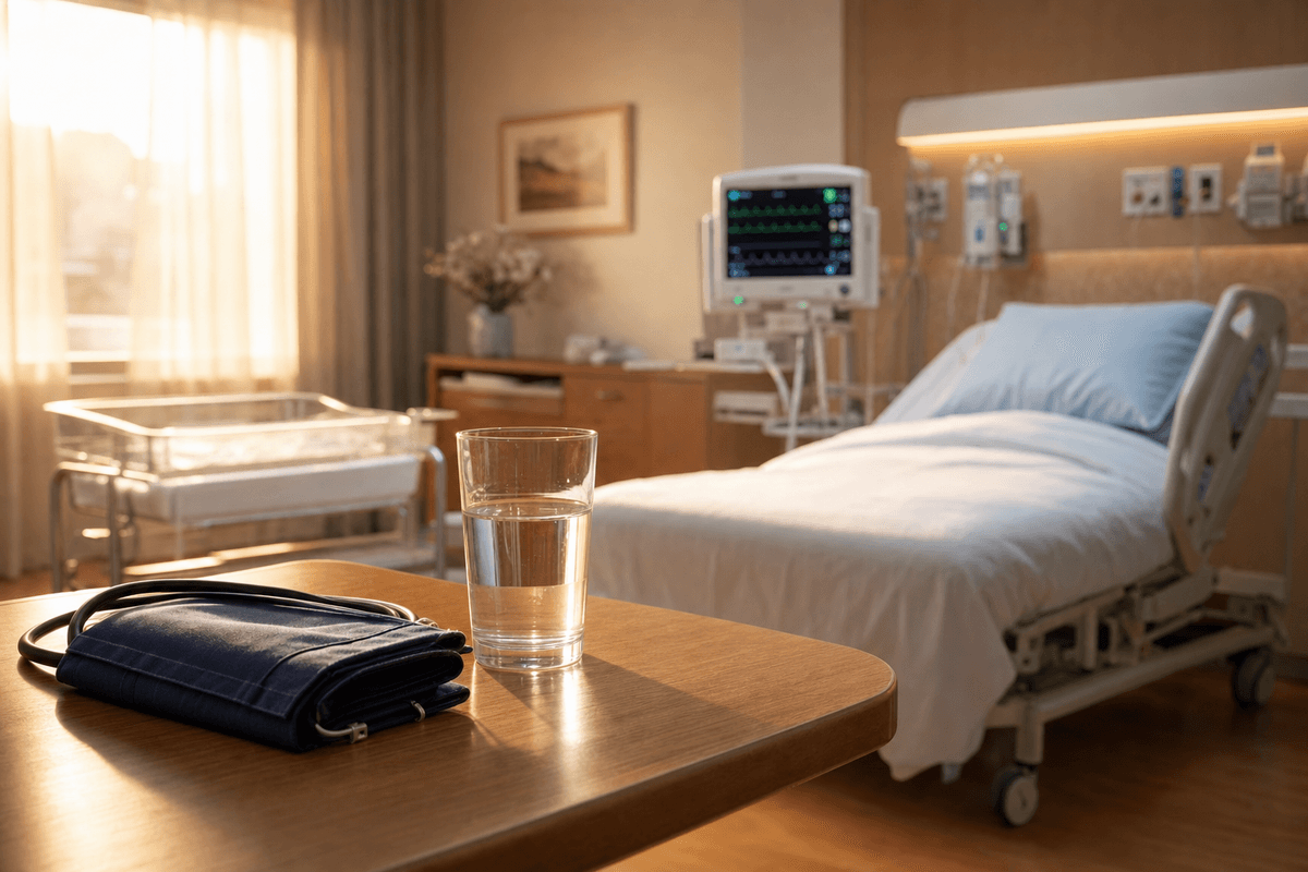 A blood pressure cuff and a glass of water resting on a warm wooden table beside a softly made hospital bed, bathed in gentle golden afternoon light with monitoring equipment glowing quietly in the background