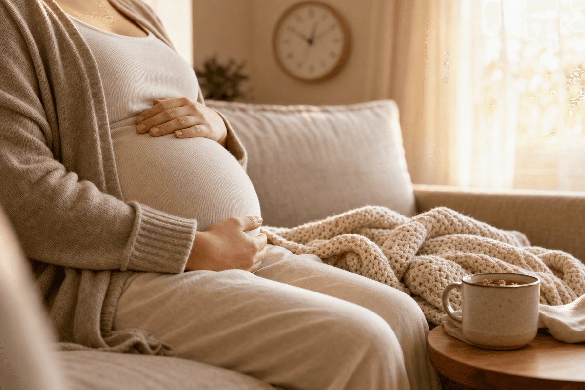 An expectant mother resting on a cozy sofa in warm golden light, both hands gently cradling her belly beside a soft knit blanket and a mug of tea, a softly blurred clock on the wall behind her.