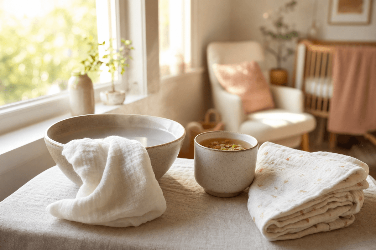 A soft cloth draped over a bowl of warm water beside a cup of herbal tea and a folded muslin swaddle, bathed in gentle morning light in a cozy nursery.