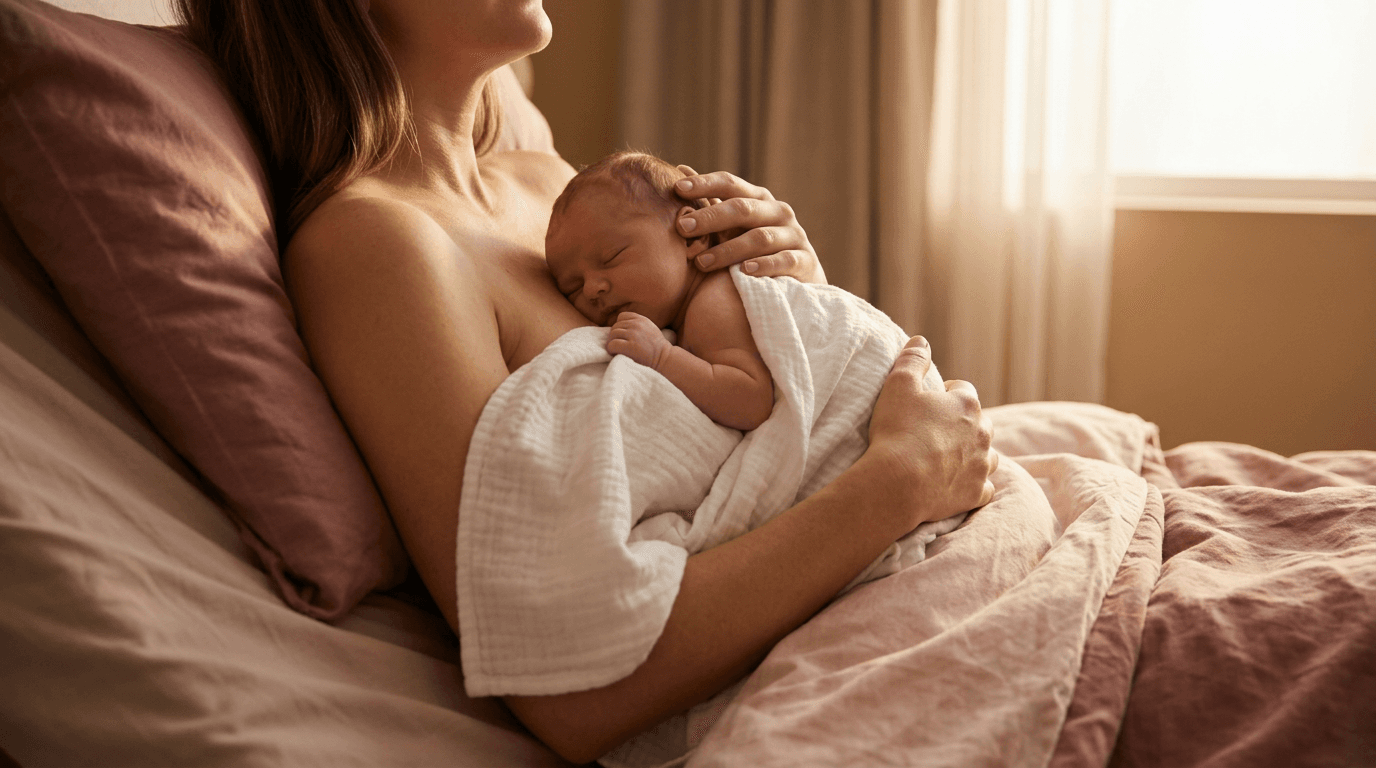 A mother in a softly lit recovery room holds her newborn skin-to-skin against her chest, bathed in golden warmth