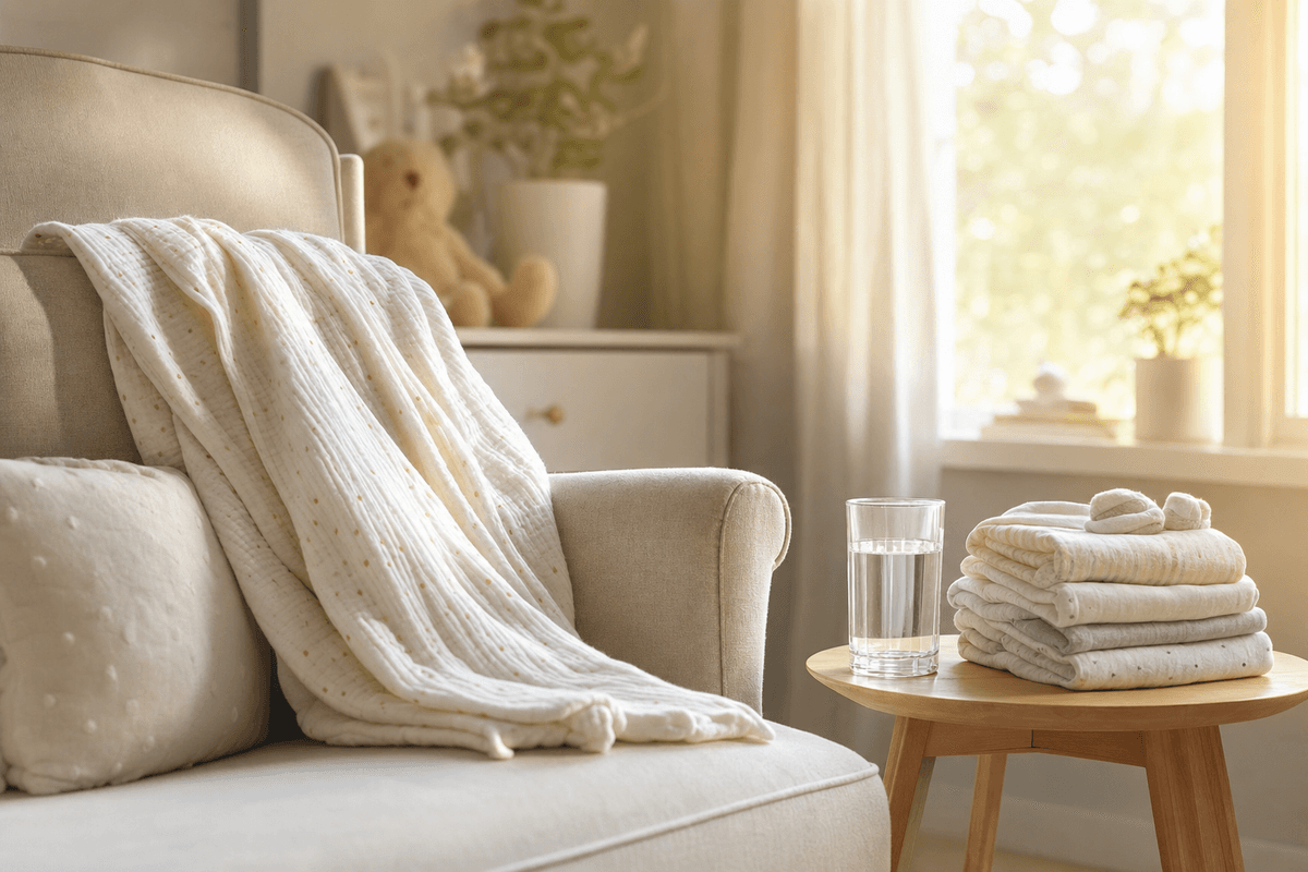 A cozy nursery feeding chair draped with a soft swaddle beside a glass of water and folded baby clothes in warm morning light, evoking calm, comfortable nursing.
