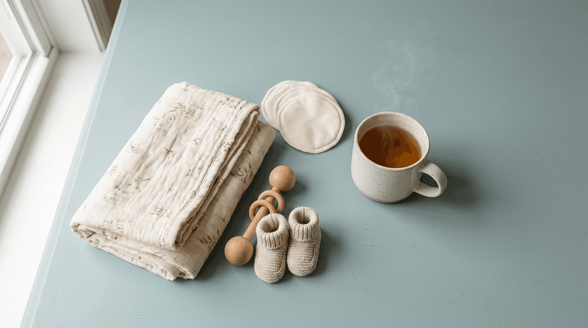 A flat lay of soft newborn essentials including a muslin swaddle and nursing pads arranged on a calming surface