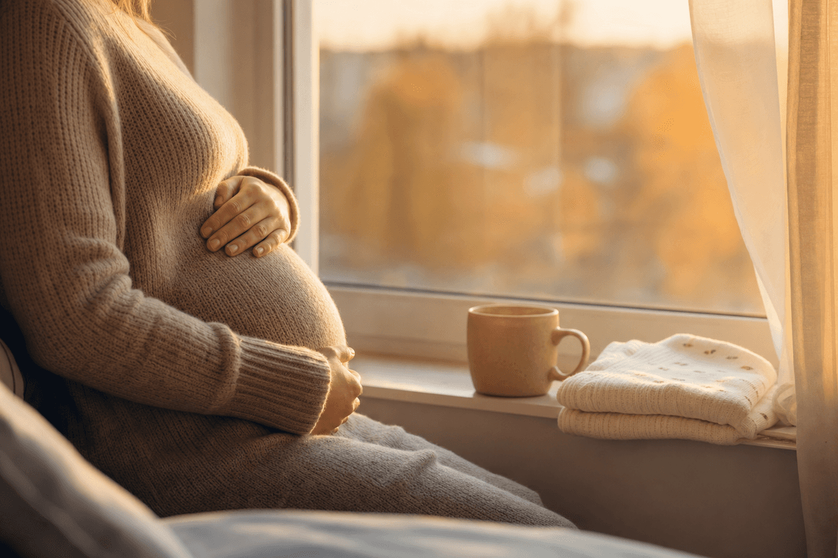 An expectant mother in a cozy knit sweater gently cradling her pregnant belly by a sunlit window, with a warm mug and a folded baby blanket nearby in soft golden light.