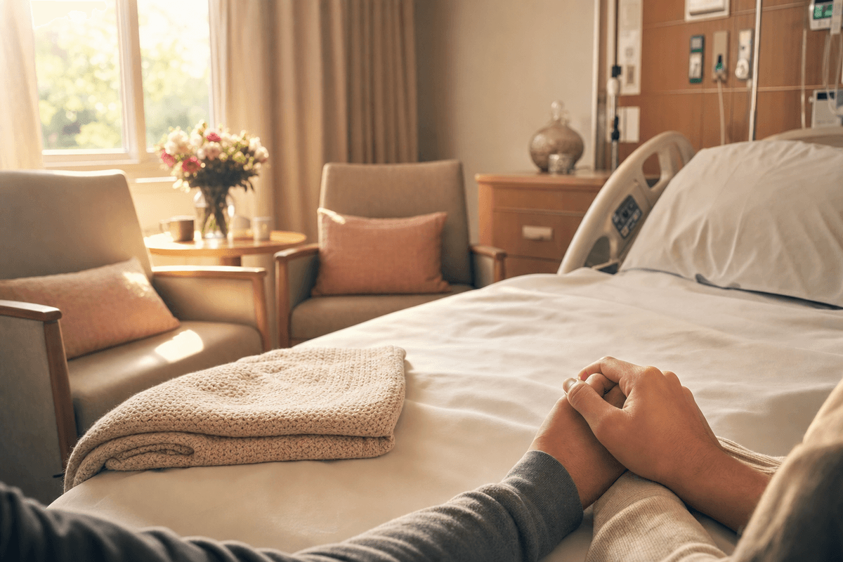 Two pairs of hands gently clasped beside a softly-lit birth suite bed, with empty cozy chairs pulled close in warm morning light, evoking a small circle of trusted support.