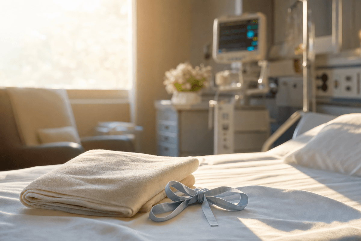 A neatly folded blanket tied with a soft ribbon rests on a hospital bed in warm morning light, with recovery-room equipment gently out of focus behind it.
