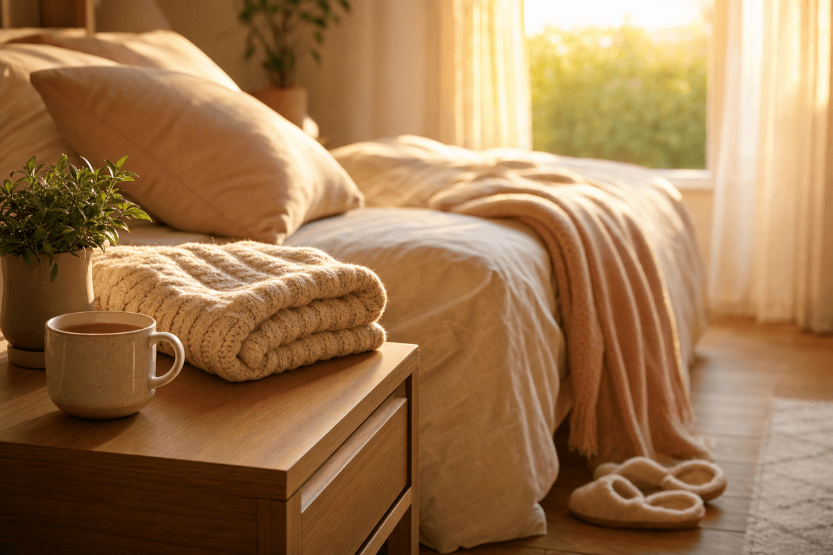 A cozy folded blanket and warm mug of tea on a bedside table beside a softly made bed and slippers, bathed in gentle golden morning light, evoking restful healing at home.
