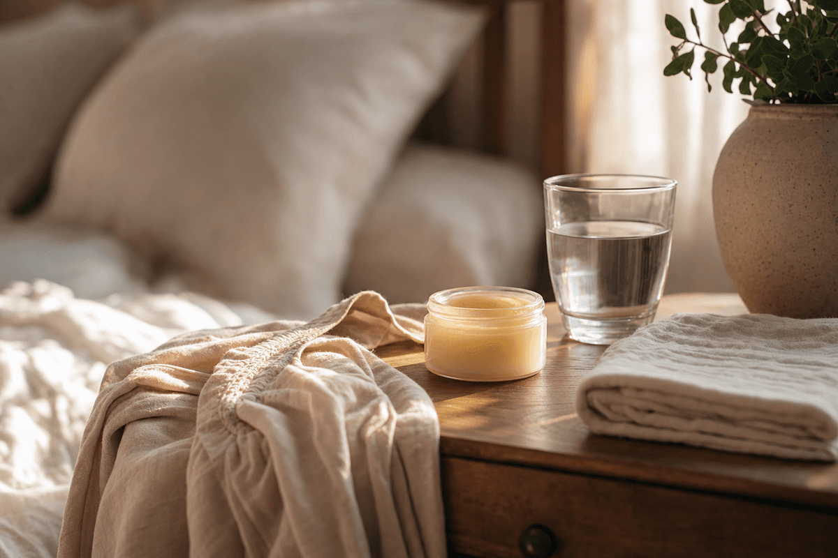 A sunlit bedside nightstand holding a small unlabeled jar of soothing balm, a glass of water, a soft folded cloth, and a loose cotton garment in warm morning light, evoking gentle, unhurried recovery.