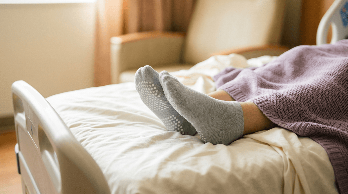 Feet in cozy hospital socks resting near the edge of a bed, conveying comfort and mobility