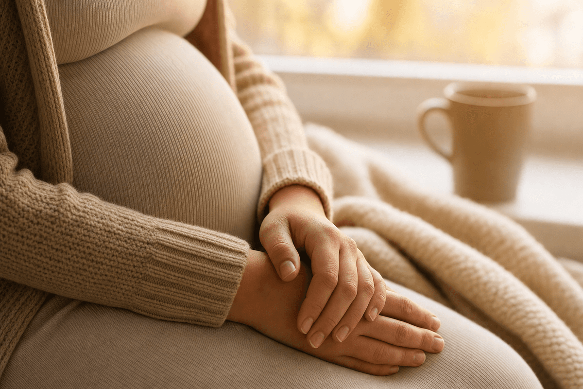 A pregnant woman's hands resting gently together over her lap near a sunlit window in warm morning light, a cozy knit blanket and tea mug nearby.