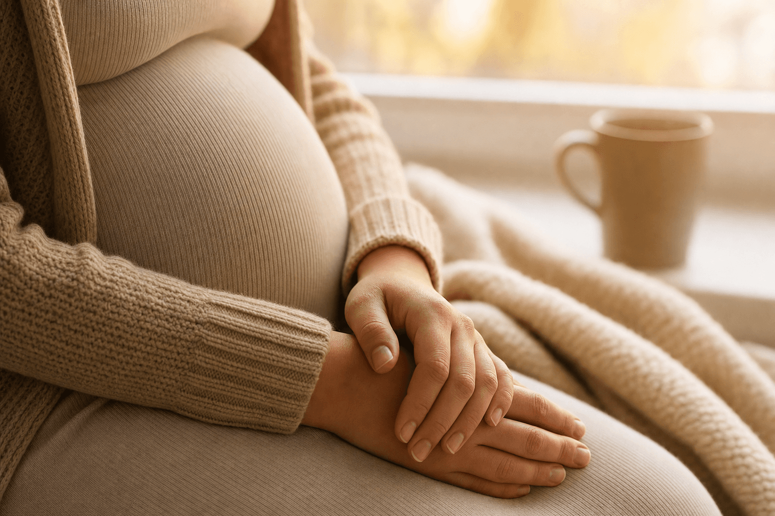 A pregnant woman's hands resting gently together over her lap near a sunlit window in warm morning light, a cozy knit blanket and tea mug nearby.