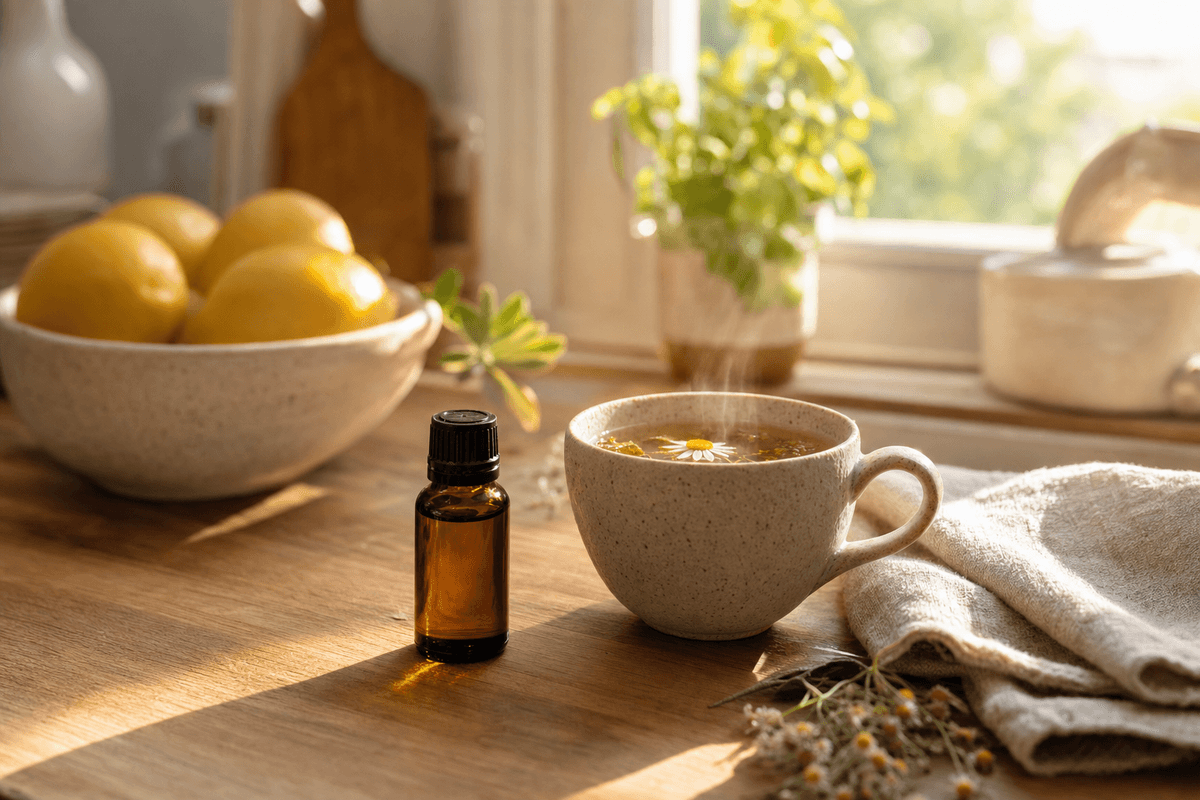 A small amber bottle of oil beside a steaming cup of herbal tea on a sunlit wooden kitchen counter, with lemons and a folded linen cloth nearby in warm morning light.