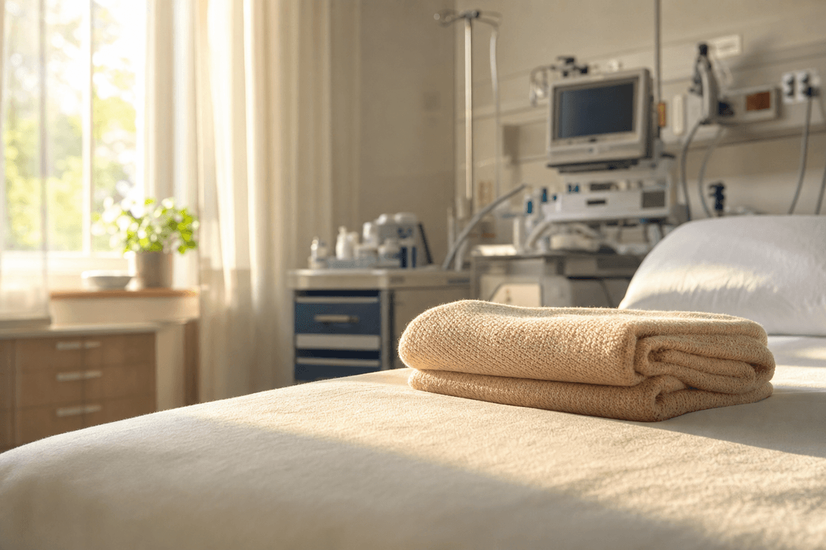 A neatly folded warm cotton blanket resting on a calm hospital bed in soft golden morning light, with medical equipment gently blurred in the background, evoking a reassuring procedure setting.