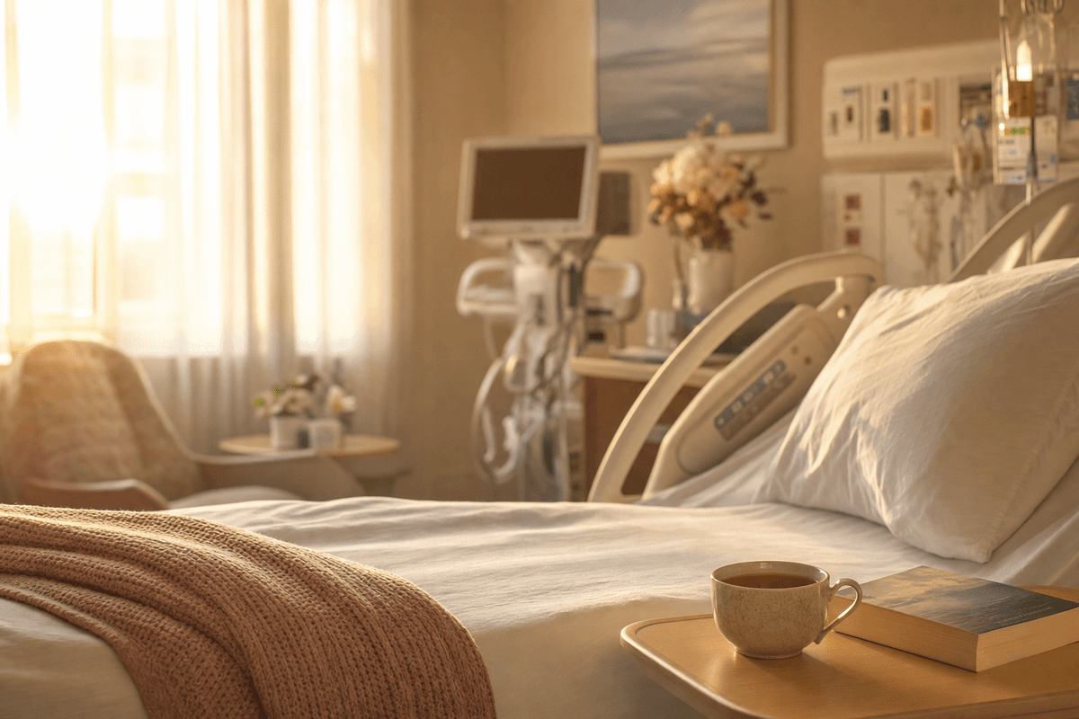 A softly-lit hospital birthing room at golden hour, with a cozy knit blanket, a warm cup of tea and a book on the bed, and medical equipment resting quietly out of focus in the background.