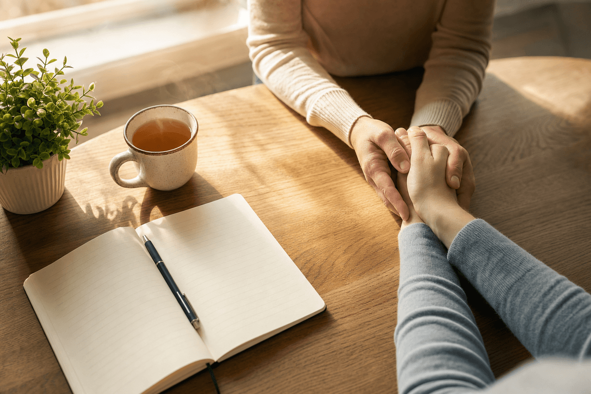 Two pairs of hands gently clasped across a sunlit wooden table beside an open notebook and a warm mug of tea, evoking a supportive conversation about a caring decision.