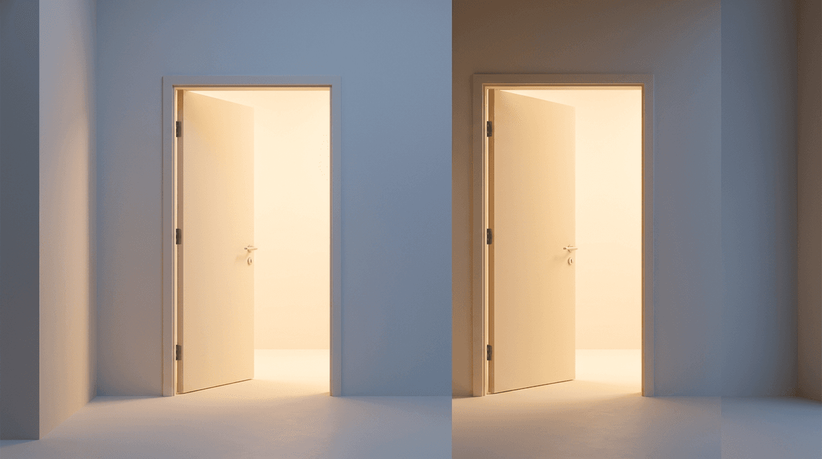 Two warmly lit open doorways in a serene space, representing the calm deliberation of choosing a birth setting