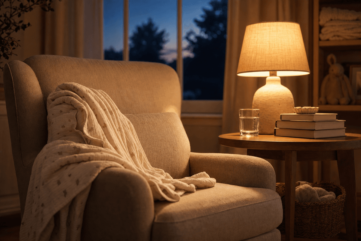 A cozy nursing armchair draped with a soft swaddle blanket, glowing warmly beside a lamp, a glass of water, and books in calm evening twilight.