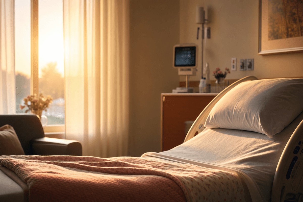 A softly-lit hospital labor and delivery room at dawn, with warm golden light through a sheer curtain falling across a neatly made bed and folded blankets, monitoring equipment gently out of focus in the background.