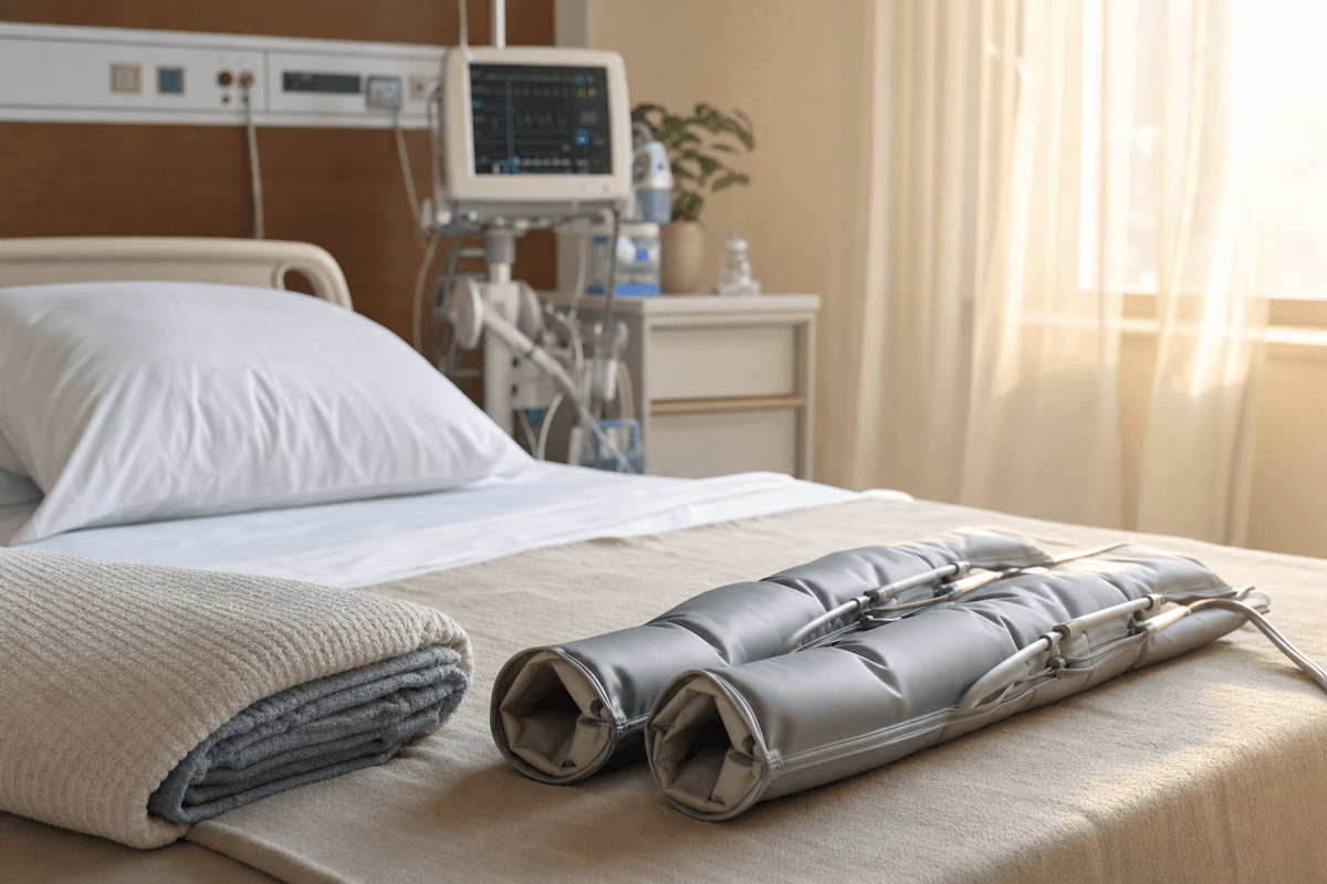 Soft inflatable leg-compression sleeves resting on a neatly made hospital bed beside a folded blanket, bathed in warm morning light through a sheer curtain.