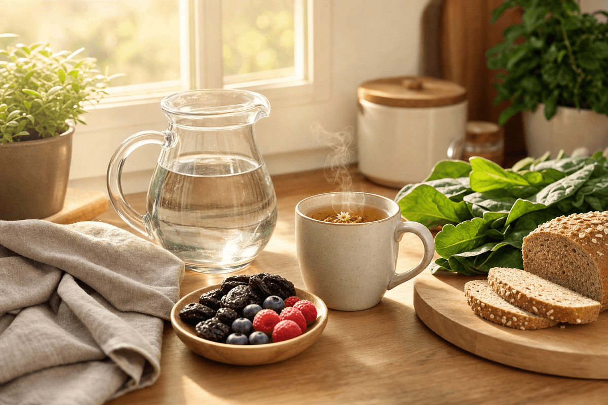 A sunlit kitchen counter with a pitcher of water, steaming herbal tea, a bowl of prunes and berries, leafy greens, and whole-grain bread in warm morning light.