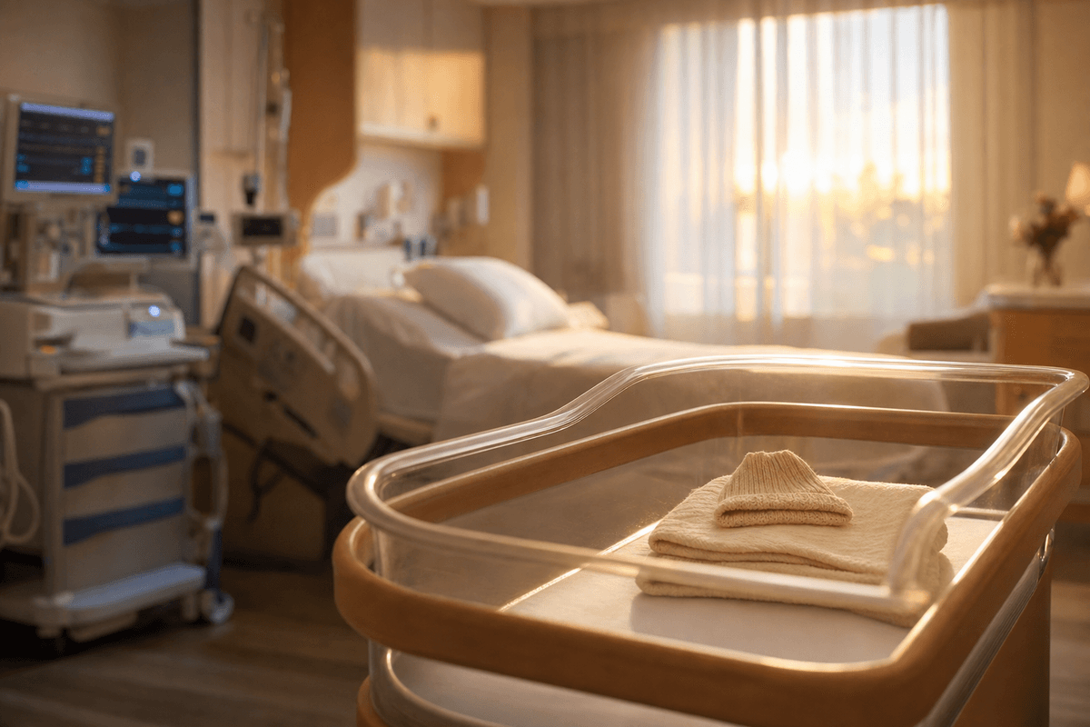 A warmly lit hospital birthing room at golden hour, with a newborn bassinet holding a softly folded blanket and a tiny knitted hat, monitors gently blurred behind.