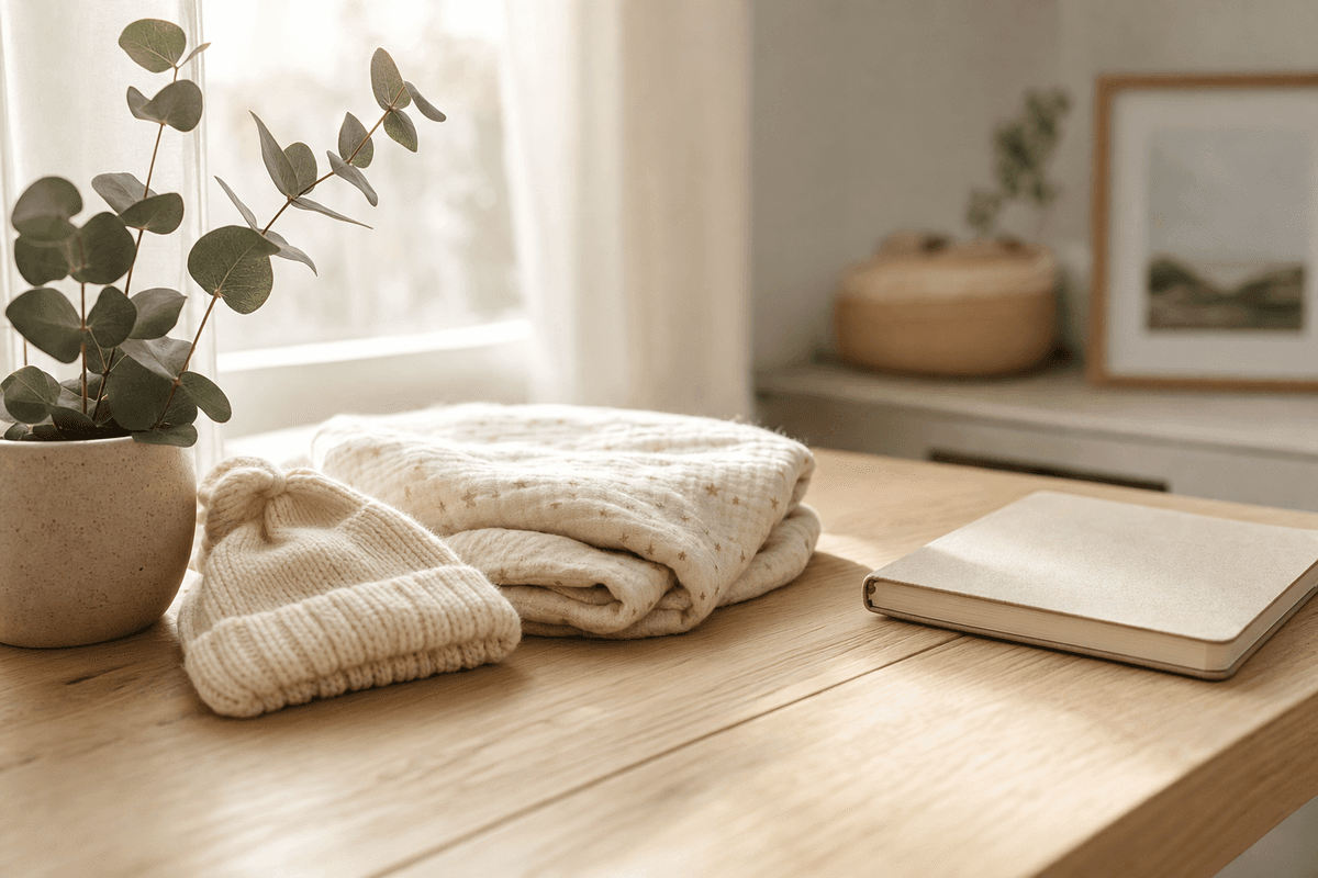 A soft knitted newborn hat and a folded muslin swaddle resting on a sunlit oak table beside a notebook and a sprig of eucalyptus, evoking calm preparation before a baby arrives.
