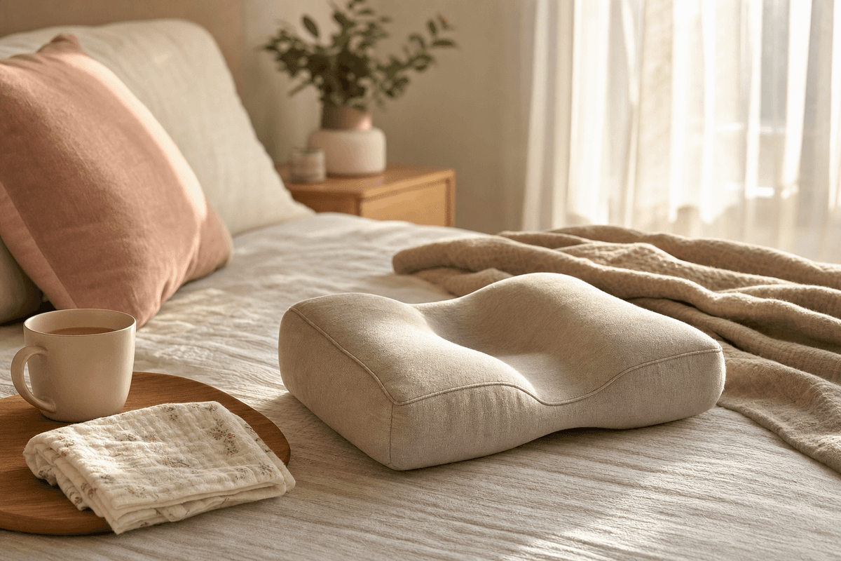 A soft cushion resting on a neatly made bed beside a folded muslin cloth and a warm mug in gentle morning light, evoking quiet comfort during early recovery