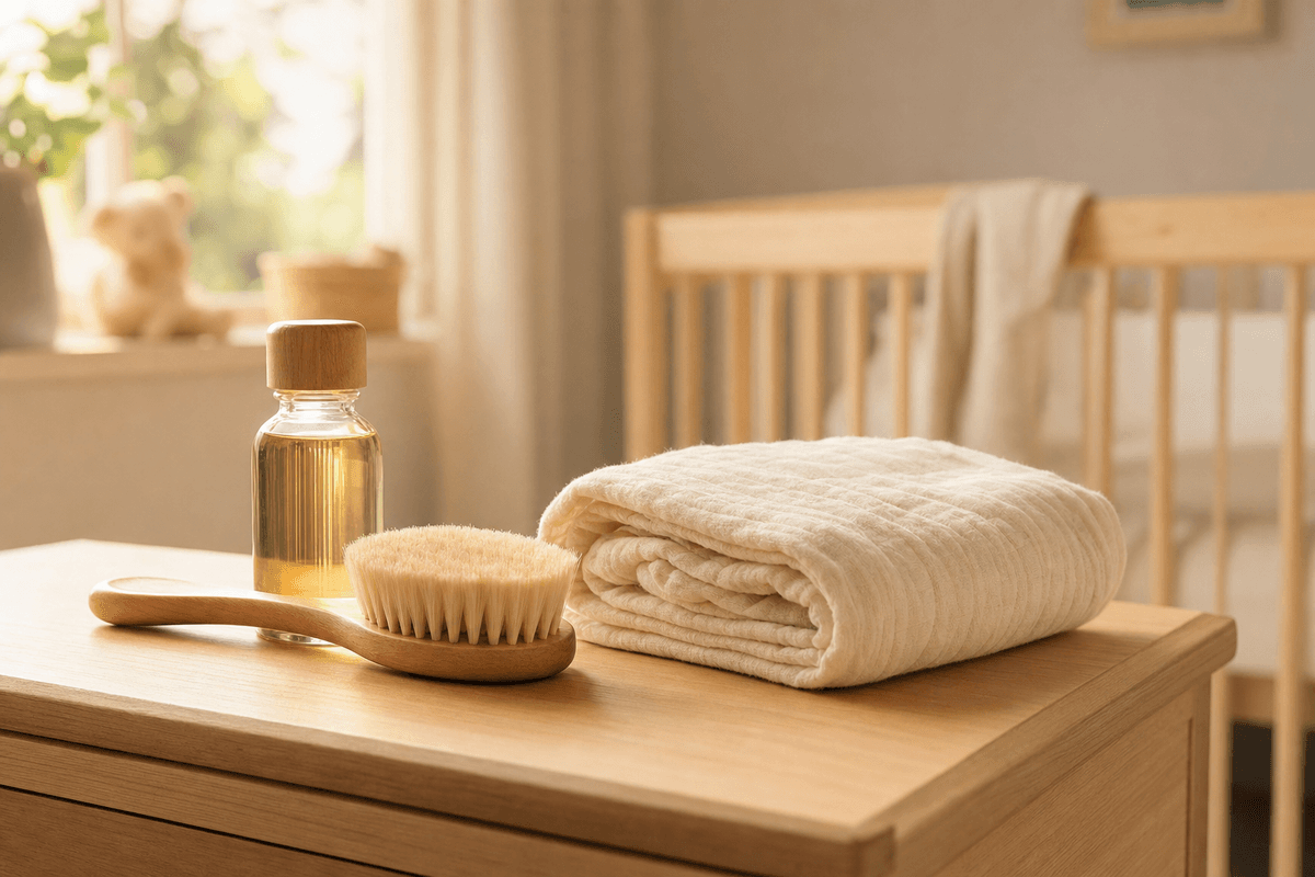 A soft baby brush, a small bottle of baby oil, and a folded cream muslin swaddle on a sunlit nursery dresser beside a softly blurred crib, evoking gentle everyday newborn care