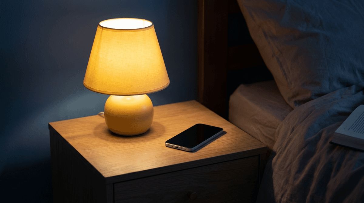 A smartphone resting on a nightstand next to a glowing bedside lamp in a calming nighttime setting