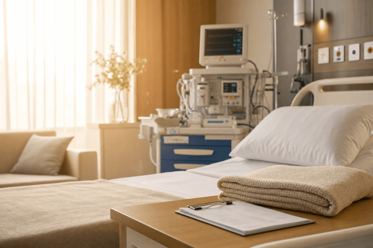 A calm, sunlit hospital labor room in warm morning light, with anesthesia equipment softly out of focus behind a bed and a folded blanket resting nearby.