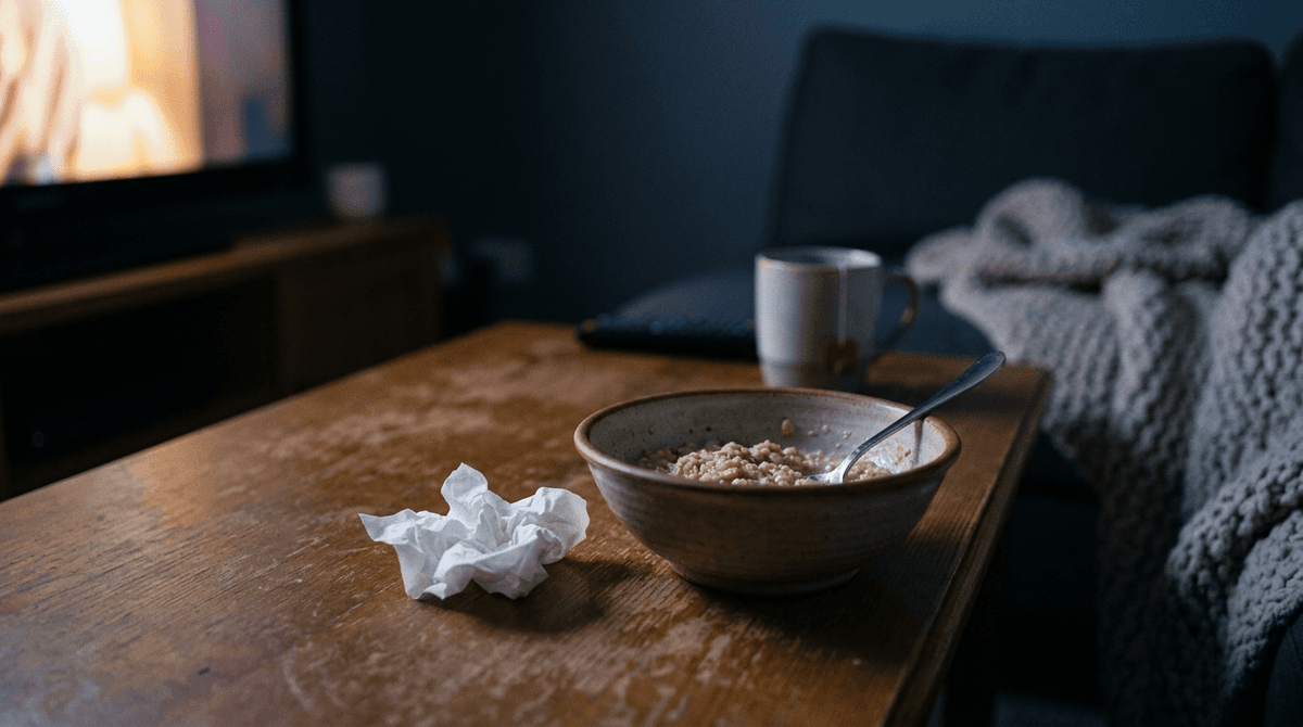 A crumpled tissue next to comfort food on a coffee table, lit by the warm glow of a television