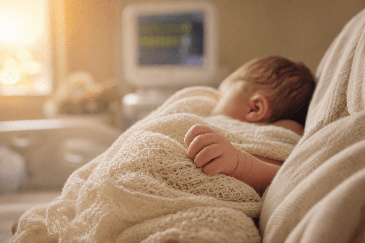 A newborn swaddled in a soft cream blanket resting against a parent's arm in warm golden light, a tiny hand curled on the fabric, with a hospital monitor softly blurred behind