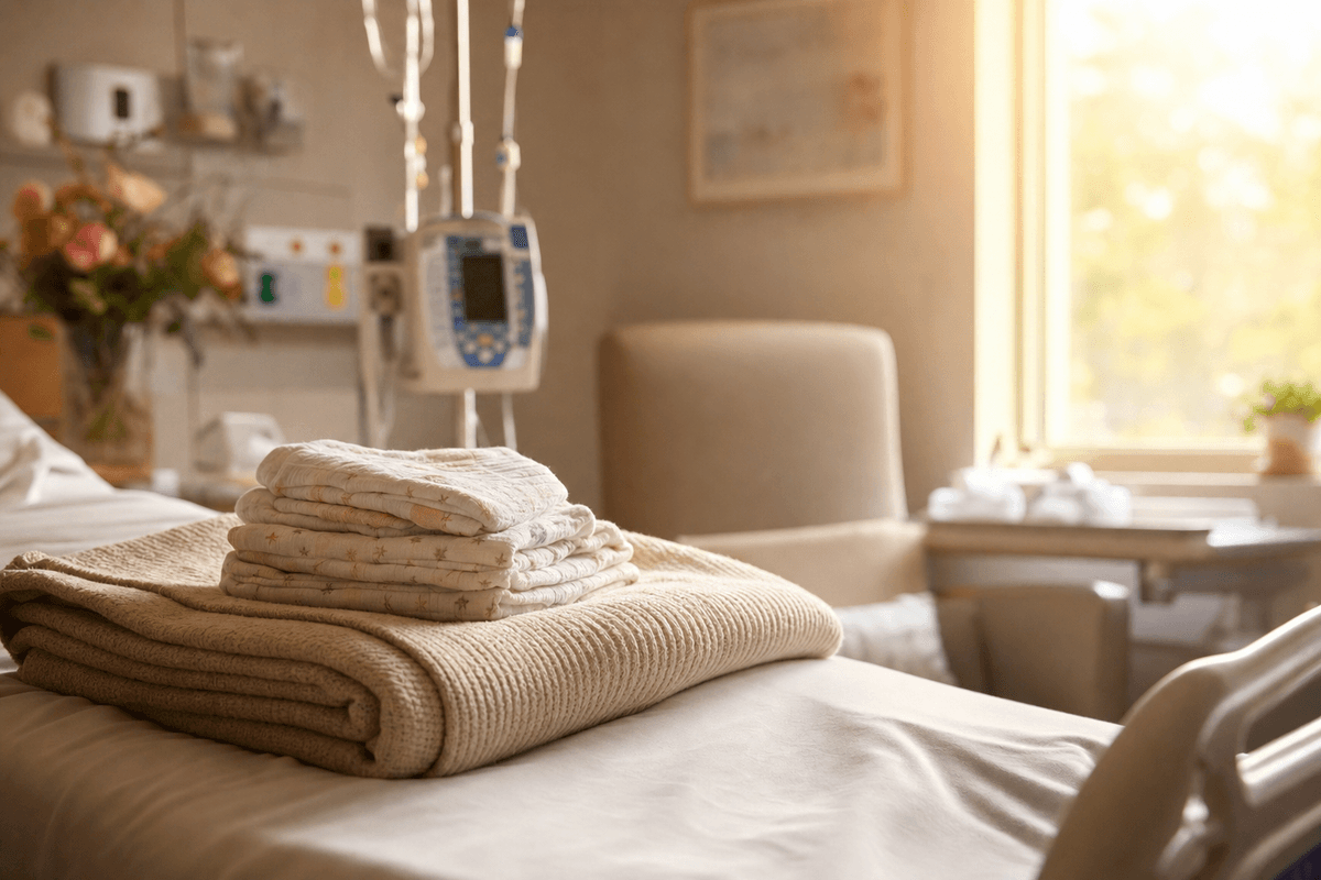 Soft folded blankets and swaddle cloths resting on a hospital bed in warm golden afternoon light, with medical equipment gently blurred behind, evoking calm recovery after birth