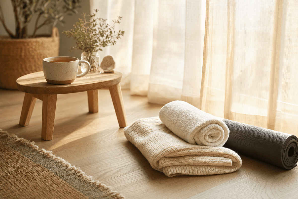 A softly folded knit blanket and rolled towel beside a yoga mat on warm oak flooring, with morning tea on a low stool in gentle light, evoking calm postpartum core recovery.