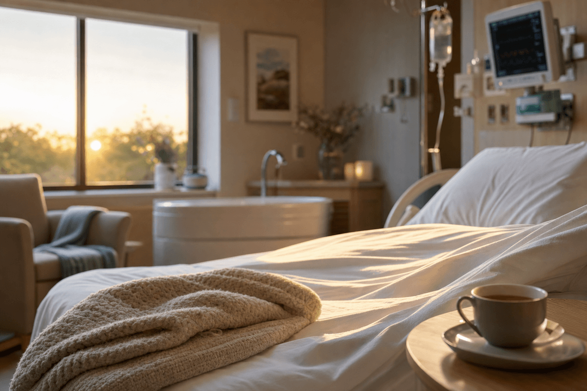 A sunlit birth suite at golden hour with a soft knit blanket and a warm cup of tea on the bed, medical equipment gently blurred in the background, evoking calm patience as labor progresses