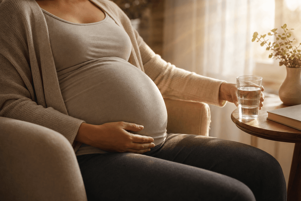 A pregnant woman resting calmly in a soft armchair by a sunlit window, one hand on her belly and the other reaching for a glass of water, evoking gentle rest and hydration.